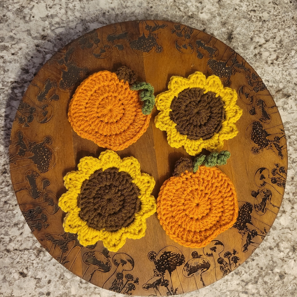 Handmade Crochet Sunflower and Pumpkin Coasters